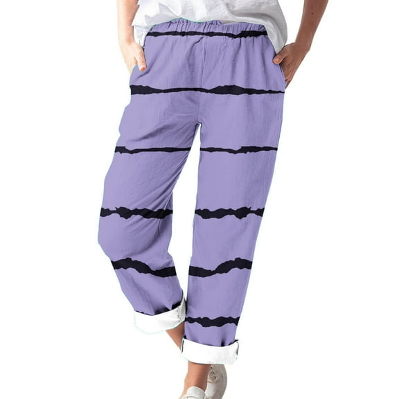 Timegard Womens Plus Size Pants Striped Straight Leg Elastic Waist Lounge Pants with Pockets Fall Travel