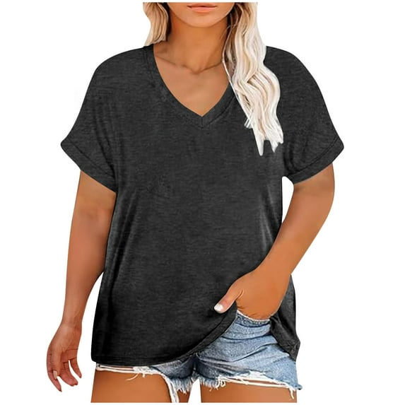 Timegard Womens Plus Size Top V Neck Drop Shoulder Solid Color Loose Comfy Basic Tee Shirts Summer