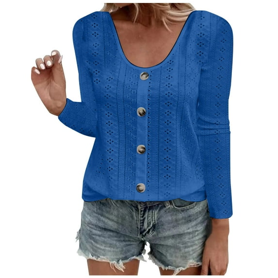 Timegard Womens Plus Size Tops Eyelet V Neck Button Long Sleeve Fall Casual Loose Tops Solid Color