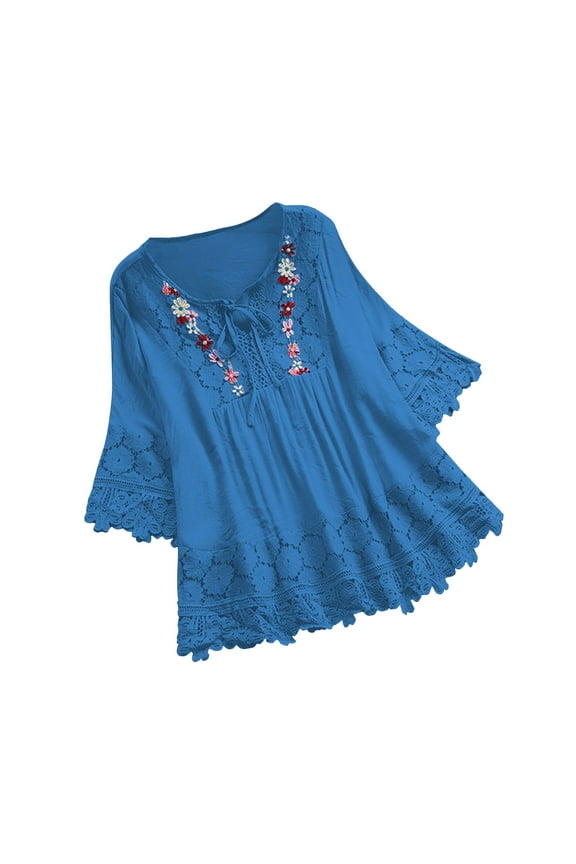 Womens Plus Size Tops Lace Ruffle Sleeve Drawstring Blouse Casual Loose Lightweight Tee Summer