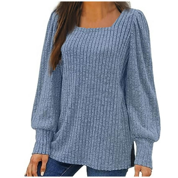 Timegard Womens Ribbed Tops Square Neck Puff Long Sleeve Blouse Side Split Dressy Casual Loose Comfy