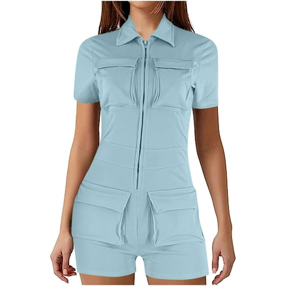 Timegard Womens Rompers Cargo Lapel V Neck Zipper Short Rompers Comfy Fitting Casual Outdoor Outfits