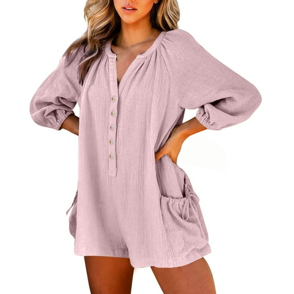 Timegard Womens Rompers Summer Casual Cotton Linen 3/4 Sleeve Button Loose Short Jumpsuit Outfits Fashion