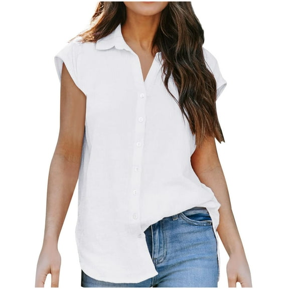Timegard Womens Shirts Cap Sleeve Button up Lapel Neck Loose Comfy Solid Color Casual Work Tee Tops
