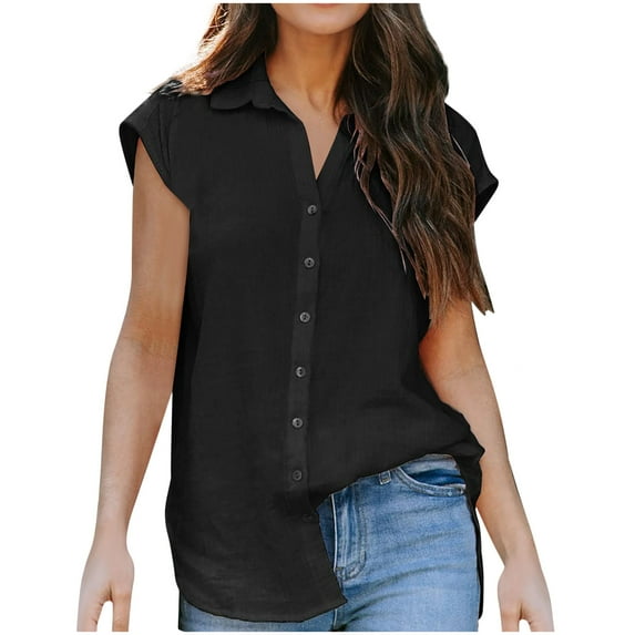Timegard Womens Shirts Cap Sleeve Button up Lapel Neck Loose Comfy Solid Color Casual Work Tee Tops