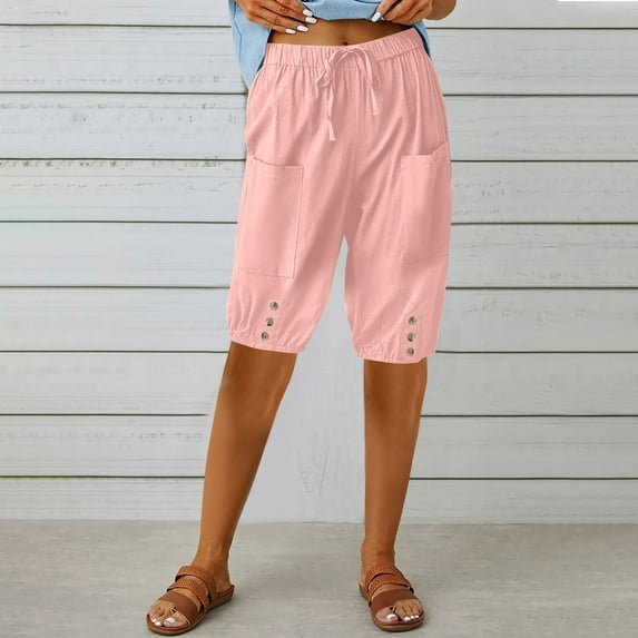Timegard Womens Shorts Button Bottom Cinch Elastic Waist Solid Color Knee Length Pants with Pockets
