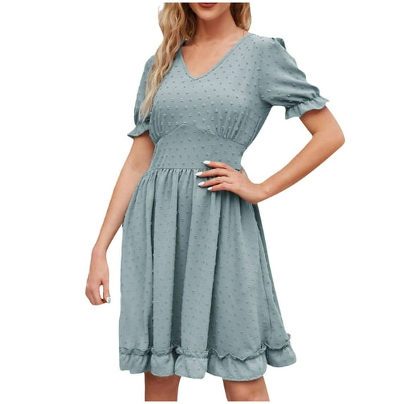 Timegard Womens Summer Dresses V Neck Puff Short Sleeve Ruffle Loose Lightweight Beach Casual Sundresses