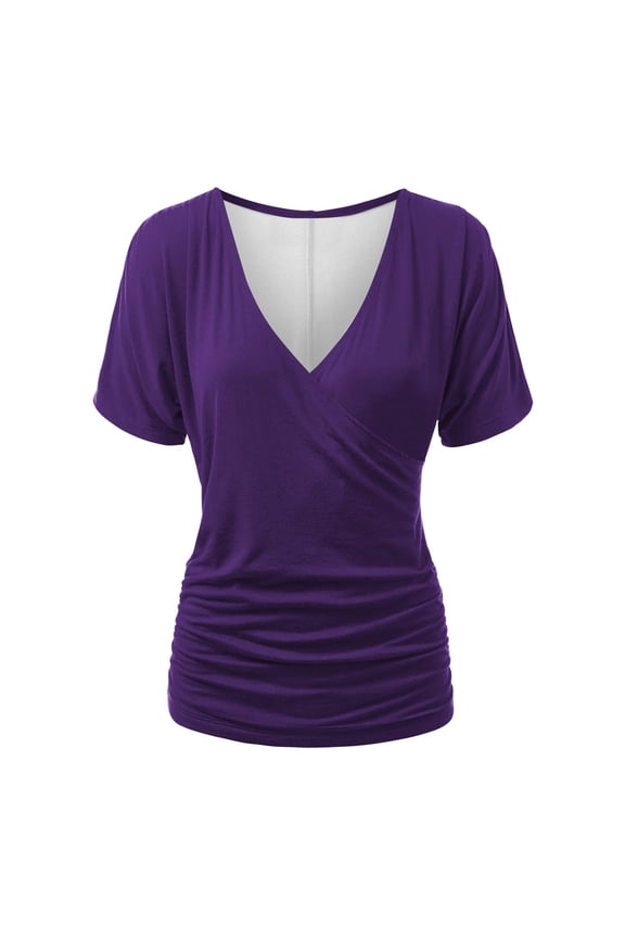 Womens Summer Tops Deep V Neck Short Sleeve Side Ruched Slim Comfy Casual Tee Blouse Fashion