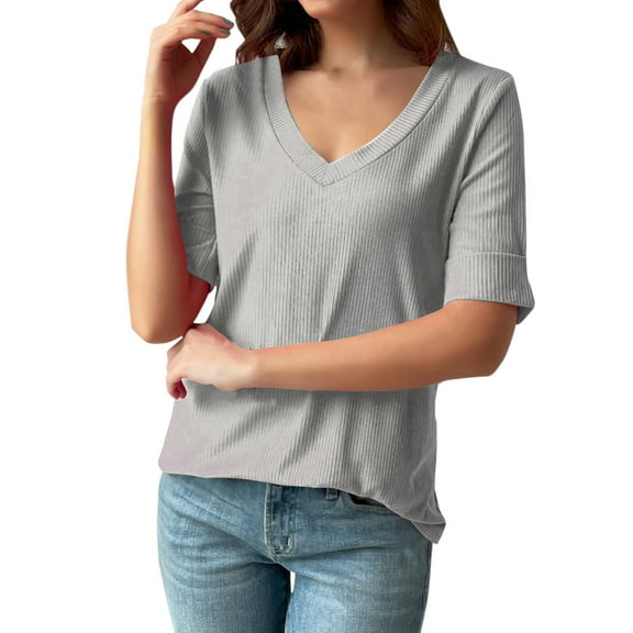 Timegard Womens Summer Tops Ribbed V-Neck Half Sleeve Solid Color Basic Tee Casual Loose Shirts Tops