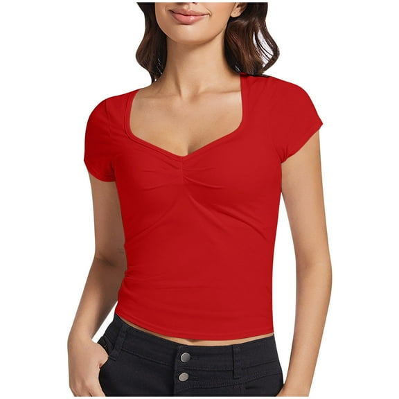 Timegard Womens Summer Tops Short Sleeve Square V Neck Slim Comfy Casual Ruched Tee Shirts Fashion