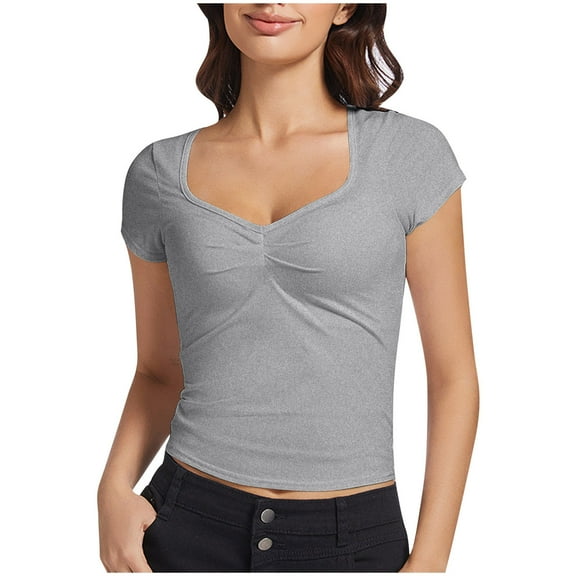Timegard Womens Summer Tops Short Sleeve Square V Neck Slim Comfy Casual Ruched Tee Shirts Fashion