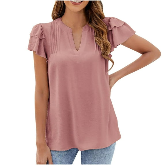 Timegard Womens Summer Tops V Neck Ruffle Short Sleeve Lightweight Pleated Casual Loose Comfy Tee Shirts