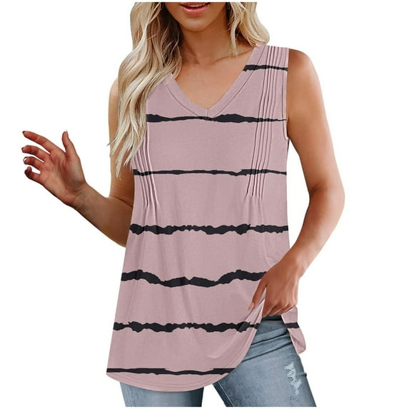 Timegard Womens Summer Tops V-Neck Striped Pleated Sleeveless Comfy Casual Tunic Tops for Leggings