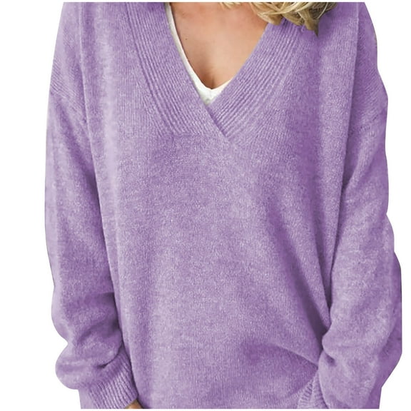 Timegard Womens Sweaters V Neck Long Sleeve Pullover Solid Color Oversized Tops Loose Comfy Blouses
