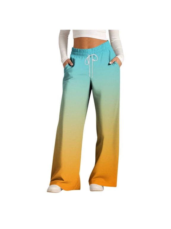 Womens Sweatpants Fall Wide Leg Sweatpants Gradient Color Elastic Waist Sweat Pants with Pockets(XXL,Yellow)