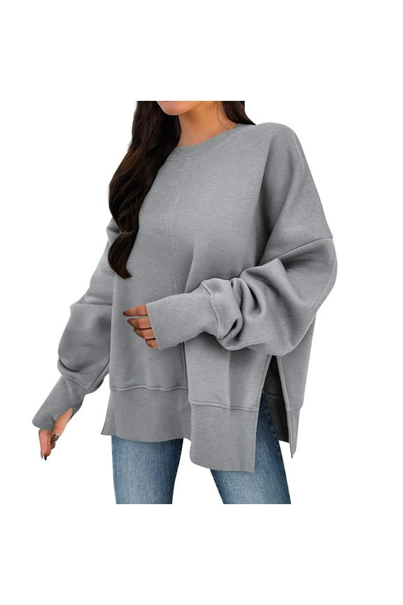 Womens Sweatshirt Long Sleeve Side Split Crewneck Oversized Pullover Fall Winter Loose Tops