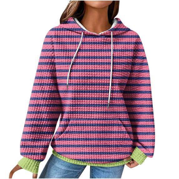 Timegard Womens Sweatshirts Long Sleeve Striped Drawstring Hoodies Pullover Fall Winter Tops with Pockets