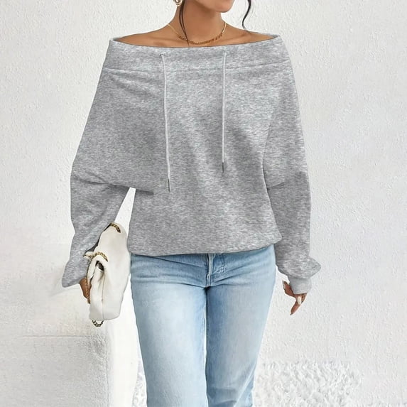 Timegard Womens Sweatshirts off the Shoulder Drawstring Long Sleeve Loose Pullover Tops Fall Fashion
