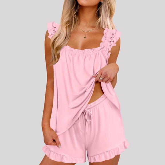 Womens Pajamas Set 2 Piece Ruffle Pjs Comfy Tank Tops and Shorts Sleepwear Casual Loose Comfy Summer Outfits