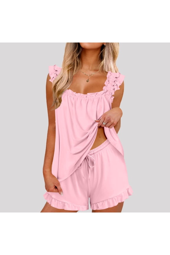 Womens Pajamas Set 2 Piece Ruffle Pjs Comfy Tank Tops and Shorts Sleepwear Casual Loose Comfy Summer Outfits