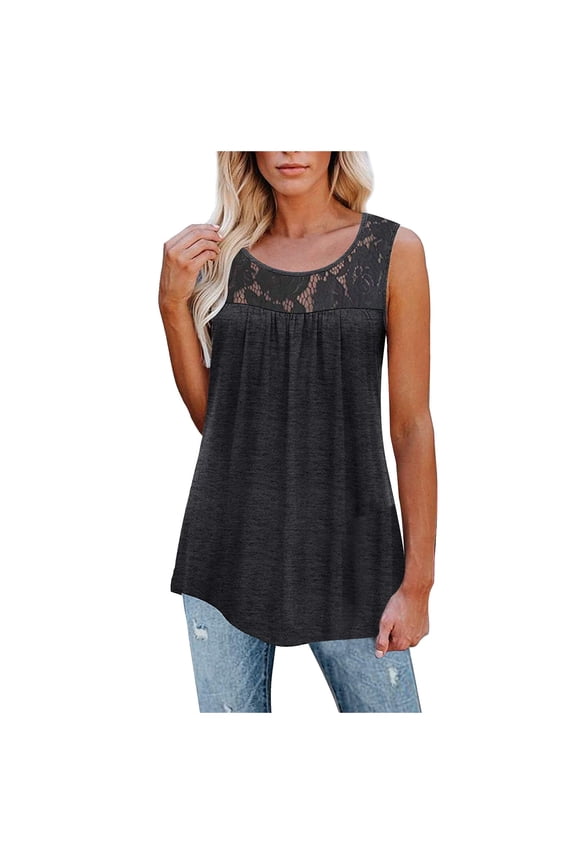 Womens Tank Top Plus Size Scoop Neck Lace Sleeveless Ruched Tops Casual Comfy Summer Tee Shirts