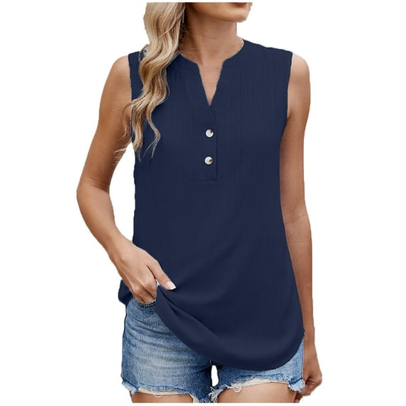 Timegard Womens Tank Top Summer Lightweight Solid Color Casual Office V Neck Button Sleeveless Tee