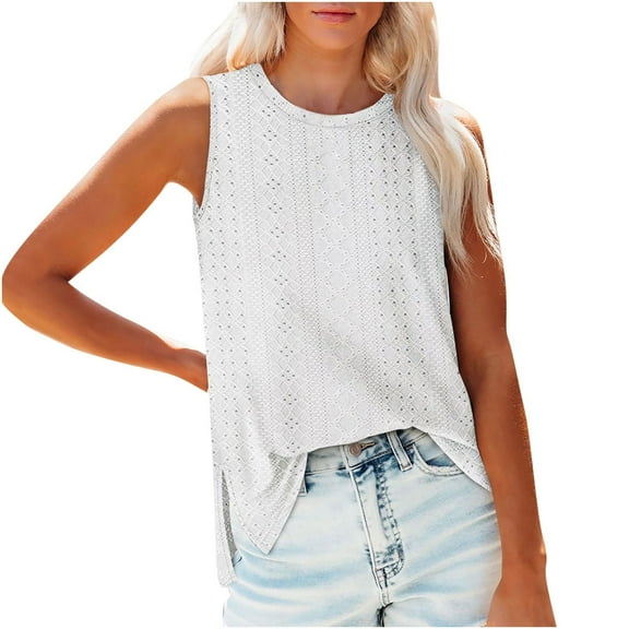 Timegard Womens Tank Tops Crew Neck Eyelet Side Split Dressy Casual Sleeveless Shirts Tunic Top Blouse