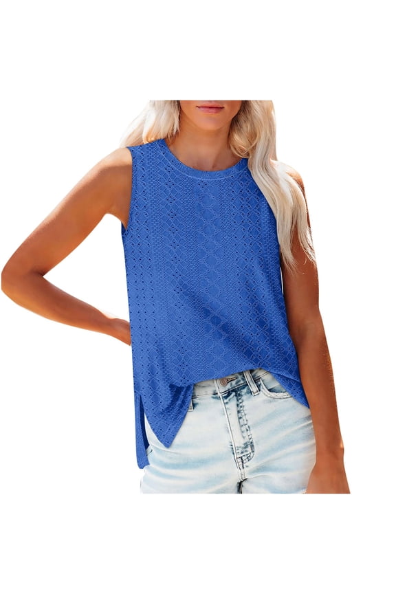 Womens Tank Tops Crew Neck Eyelet Side Split Dressy Casual Sleeveless Shirts Tunic Top Blouse