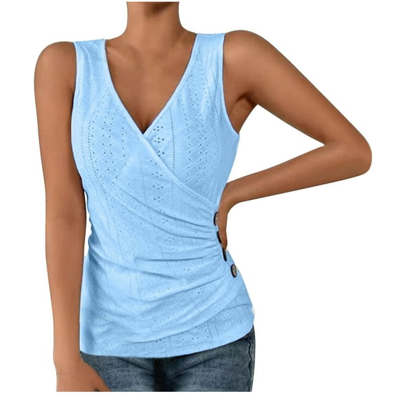 Timegard Womens Tank Tops Eyelet Deep V Neck Side Ruched Button Slim Comfy Sleeveless Tops Summer Beach