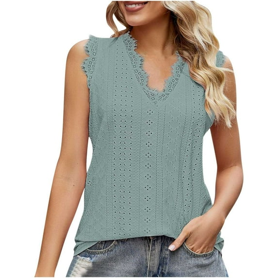 Timegard Womens Tank Tops Eyelet Lace V Neck Sleeveless Summer Beach Casual Loose Tops Solid Color