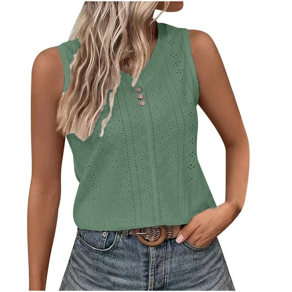 Timegard Womens Tank Tops Eyelet V Neck Button Slim Fitting Sleeveless Tops Casual Summer Beach Vacation