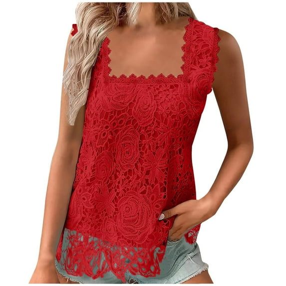 Timegard Womens Tank Tops Lace Square Neck Sleeveless Tunic Tops Dressy Casual Summer Solid Color