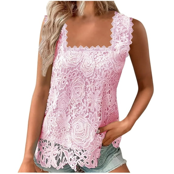 Timegard Womens Tank Tops Lace Square Neck Sleeveless Tunic Tops Dressy Casual Summer Solid Color