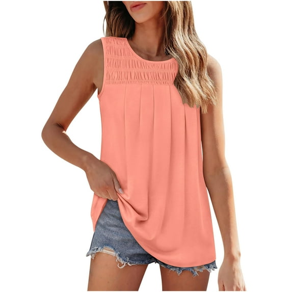 Timegard Womens Tank Tops Ruched Crew Neck Sleeveless Shirts Summer Trendy Pleated Loose Fitted Tunic