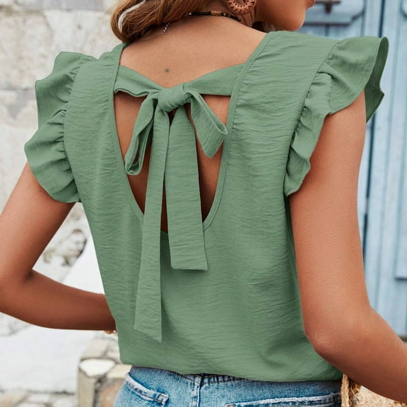 Timegard Womens Tank Tops Ruffle Sleeveless Round Neck Back Belt Casual Solid Color Cute Tee Shirts