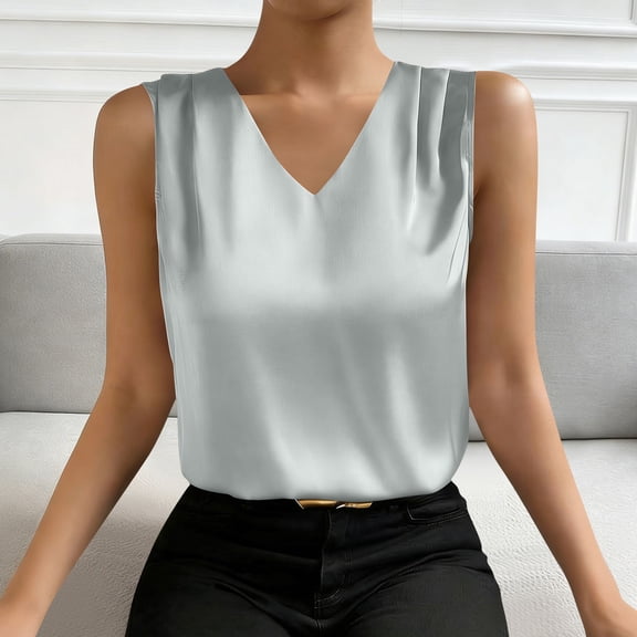 Timegard Womens Tank Tops Satin Ruched V Neck Fitting Slim Sleeveless Tee Summer Casual Comfy Work Tops