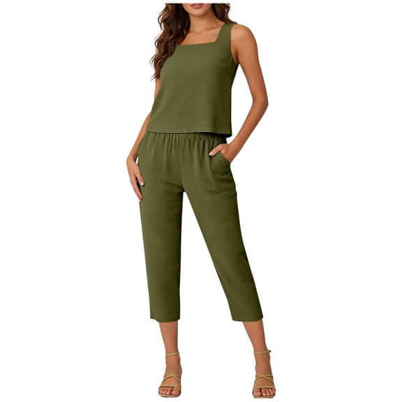 Capri Sets for Women 2 Piece Square Neck Tank Tops Capri Pants Sets Summer Travel Casual Loose Fitting Outfits