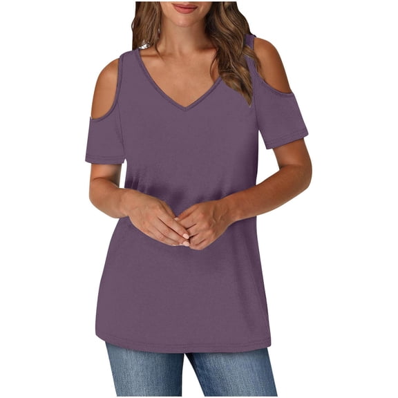 Timegard Womens Top Cold Shoulder V Neck Short Sleeve Comfy Casual Solid Color Tunic Top Blouse Summer