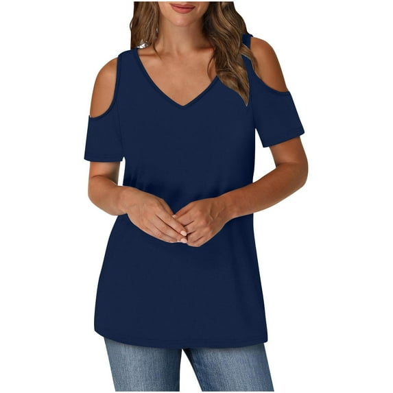 Timegard Womens Top Cold Shoulder V Neck Short Sleeve Comfy Casual Solid Color Tunic Top Blouse Summer