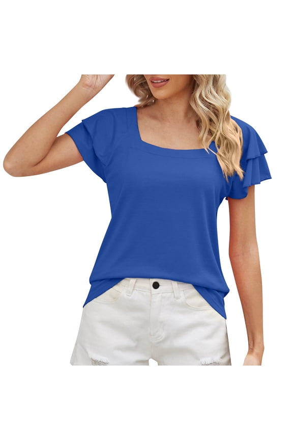 Womens Top Ruffle Short Sleeve Square Neck Solid Color Comfy Casual Loose Tee Shirts Travel