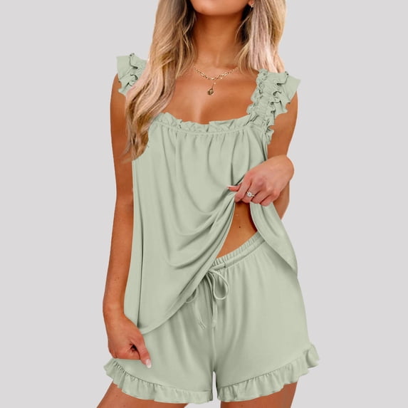 Womens Pajamas Set 2 Piece Ruffle Pjs Comfy Tank Tops and Shorts Sleepwear Casual Loose Comfy Summer Outfits