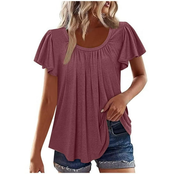 Timegard Womens Top Summer Ruched Round Neck Ruffle Short Sleeve Comfy Casual Drop Shoulder Blouse