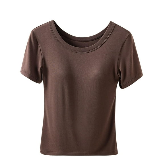 Timegard Womens Top with Built in Bra Comfy Solid Color Short Sleeve Round Neck Casual Basic Tee Shirts