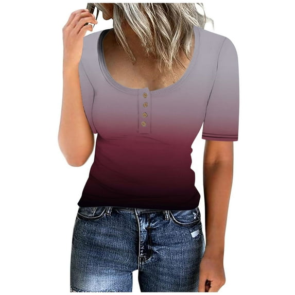 Timegard Womens Tops Summer Button V Neck Short Sleeve Ribbed Shirts Gradient Color Casual Slim Tee