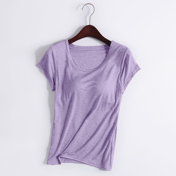 Timegard Womens Tops Built in Bras U Neck Short Sleeve Solid Color Loose Comfy Casual Basic Tee Shirts Summer