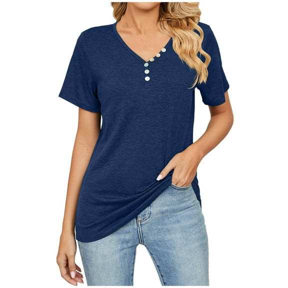 Timegard Womens Tops Button V Neck Fitting Comfy Tee Shirts Solid Color Summer Casual Short Sleeve Tops