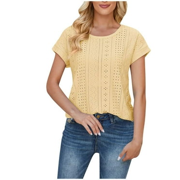 Timegard Womens Tops Cap Sleeve Eyelet Round Neck Summer Dressy Casual Loose Top Blouses Basic Shirts