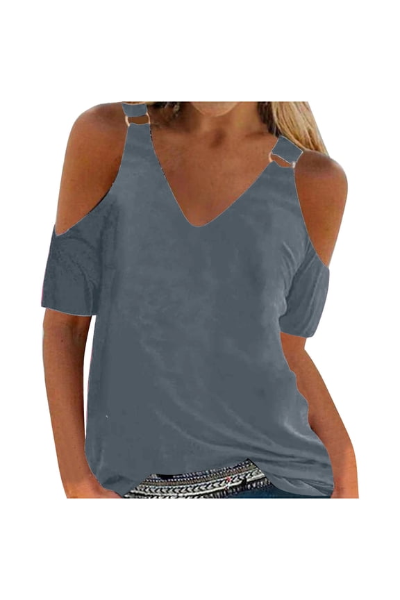 Womens Tops Clod Shoulder Short Sleeve V Neck Solid Color Tunic Tops Dressy Casual Summer