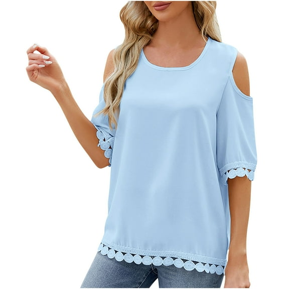 Timegard Womens Tops Cold Shoulder Round Neck 1/2 Sleeve Loose Comfy Solid Color Summer Beach Casual Tops