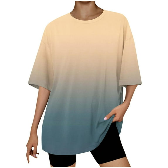 Timegard Womens Tops Crewneck Drop Shoulder Short Sleeve Tee Shirts Loose Workout Top Gradient Color